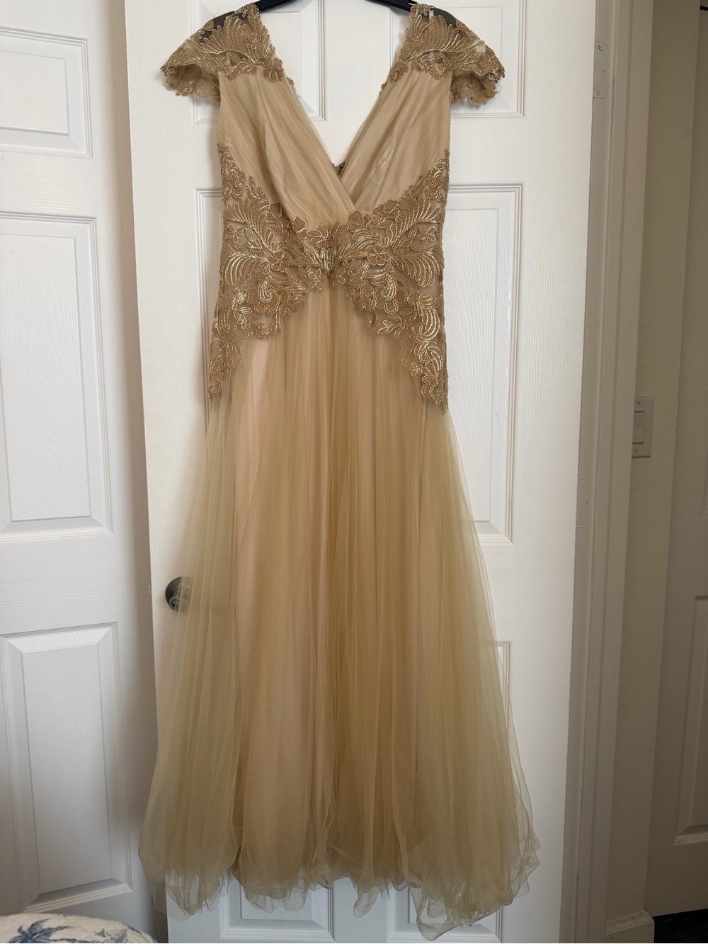 Tadashi Shoji Gold Lace Tulle Evening Gown